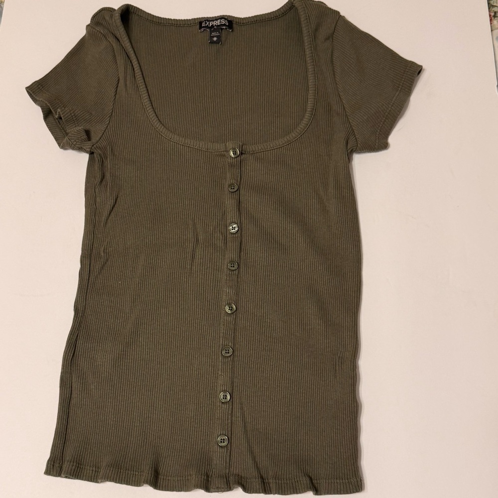 Express Olive Button-Down Ribbed Top - image 1